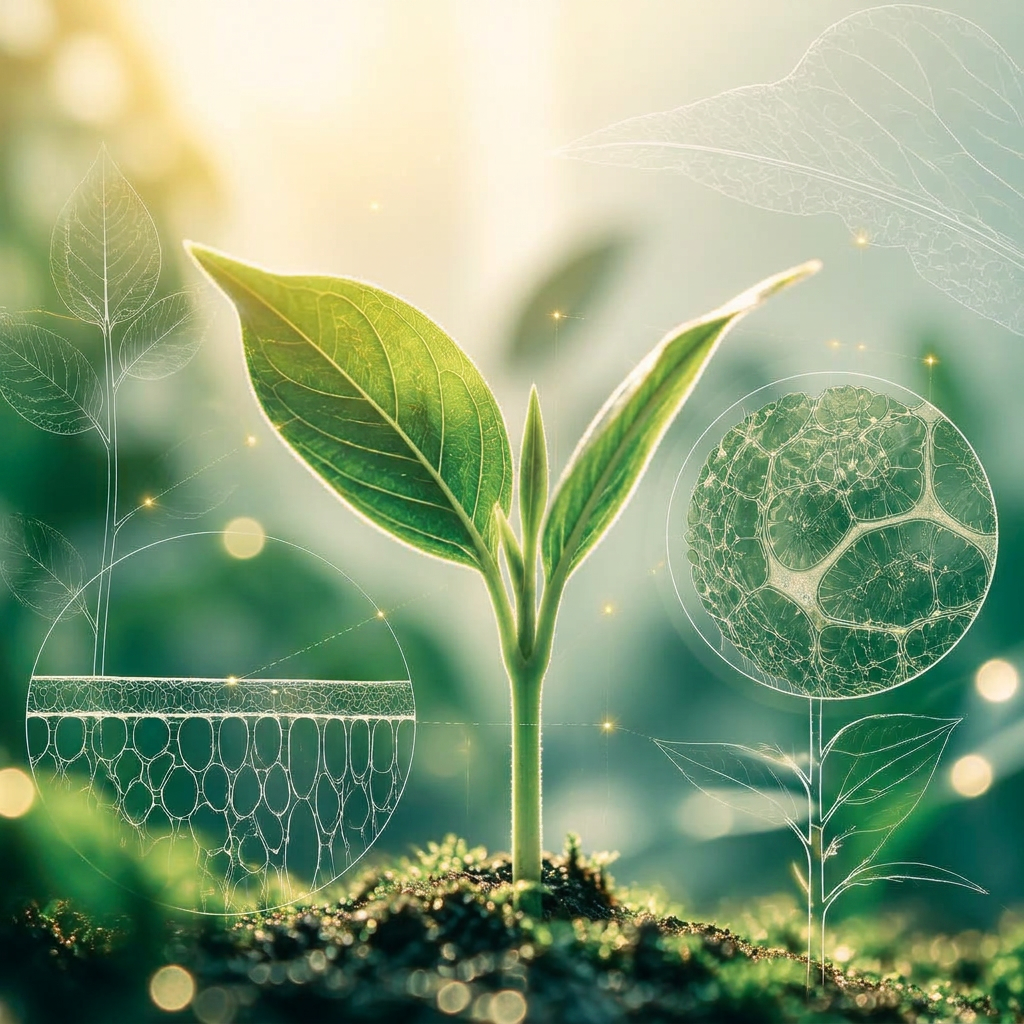 A green seedling growing up out of a glowing tablet screen, surrounded by fine botanical and cellular science overlays