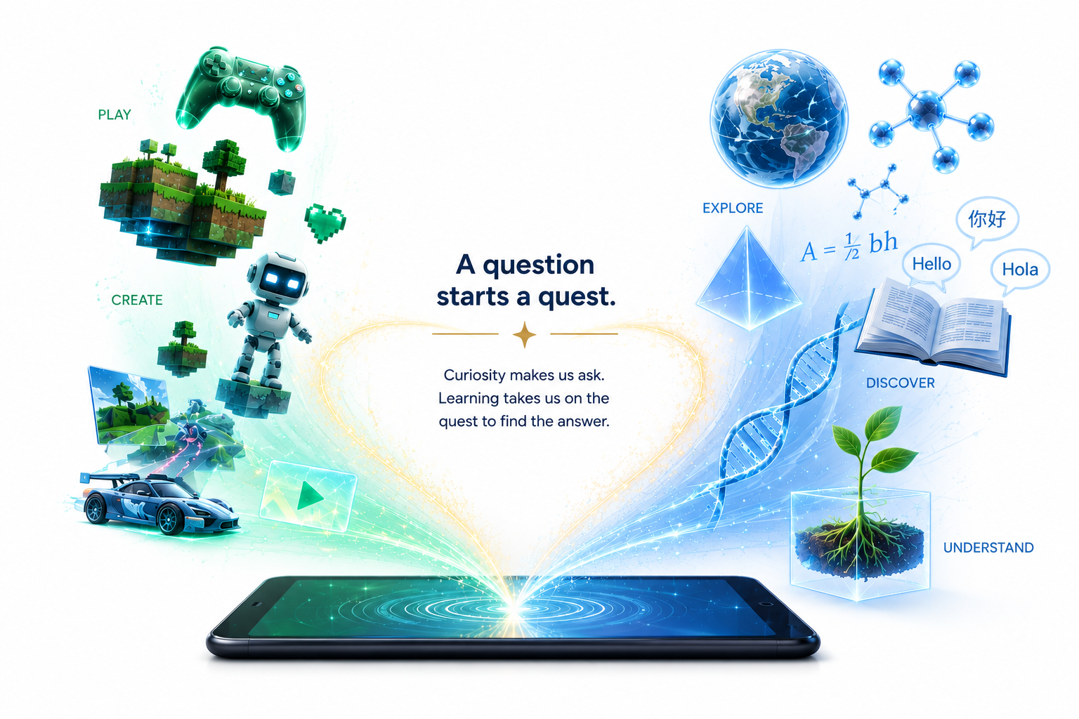 A tablet at the centre of a luminous learning world where play, creation, exploration, discovery and understanding flow together through fine strands of golden light