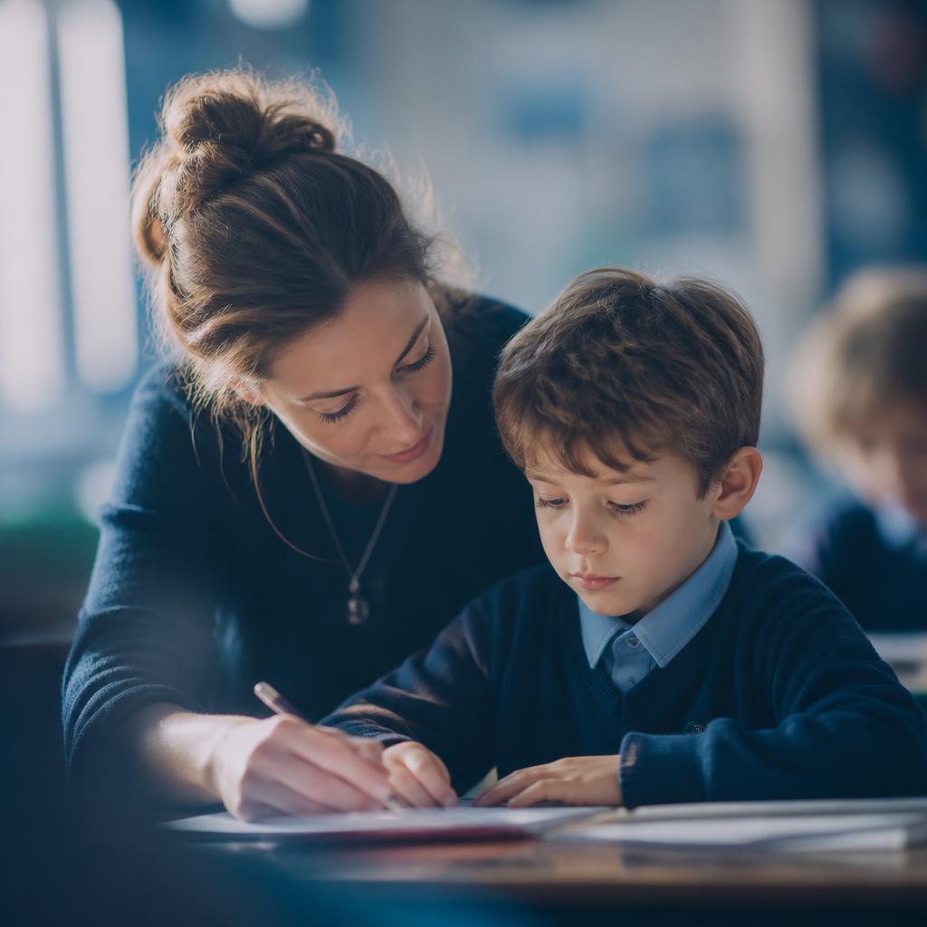 A teacher leaning in to guide a young learner at their desk