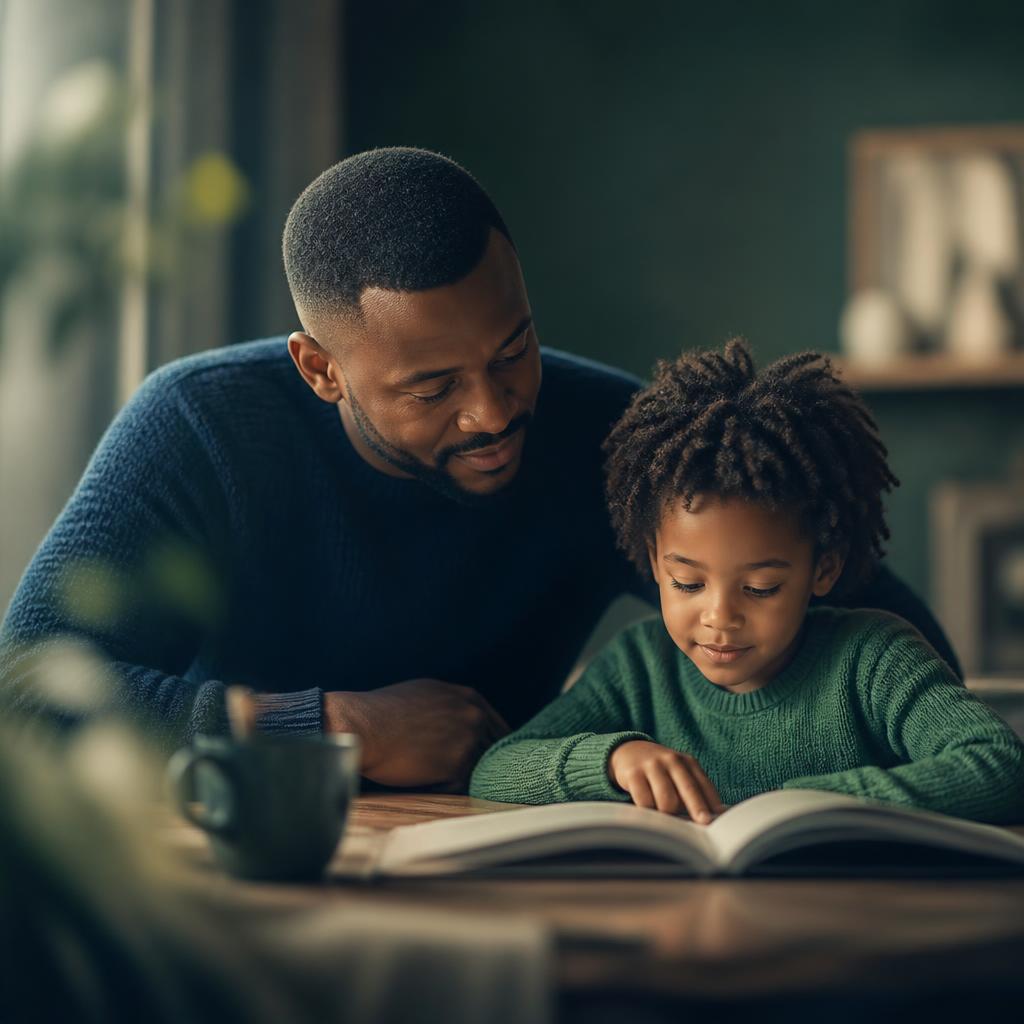 A parent sitting beside their child, encouraging them as they read