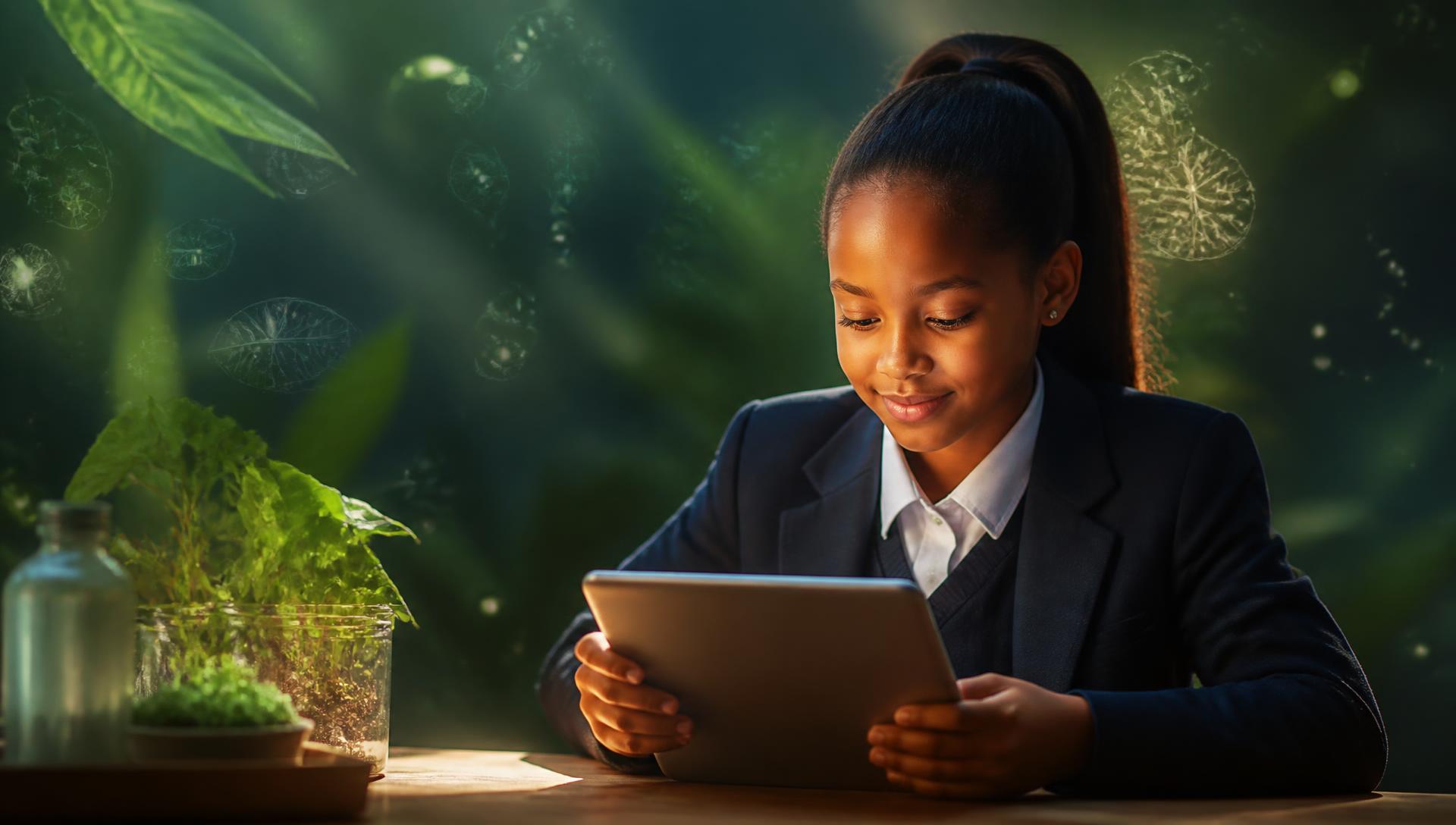A young learner exploring a SparkQuest quest on a tablet, surrounded by soft emerald botanical light