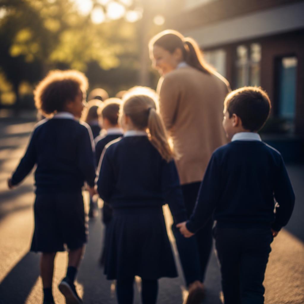 Learners walking together with a teacher across a sunlit school courtyard