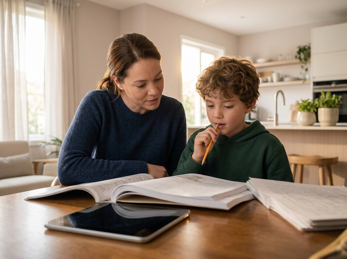 A mother supporting her child with schoolwork at their dining table, an open workbook and a tablet between them in warm evening light