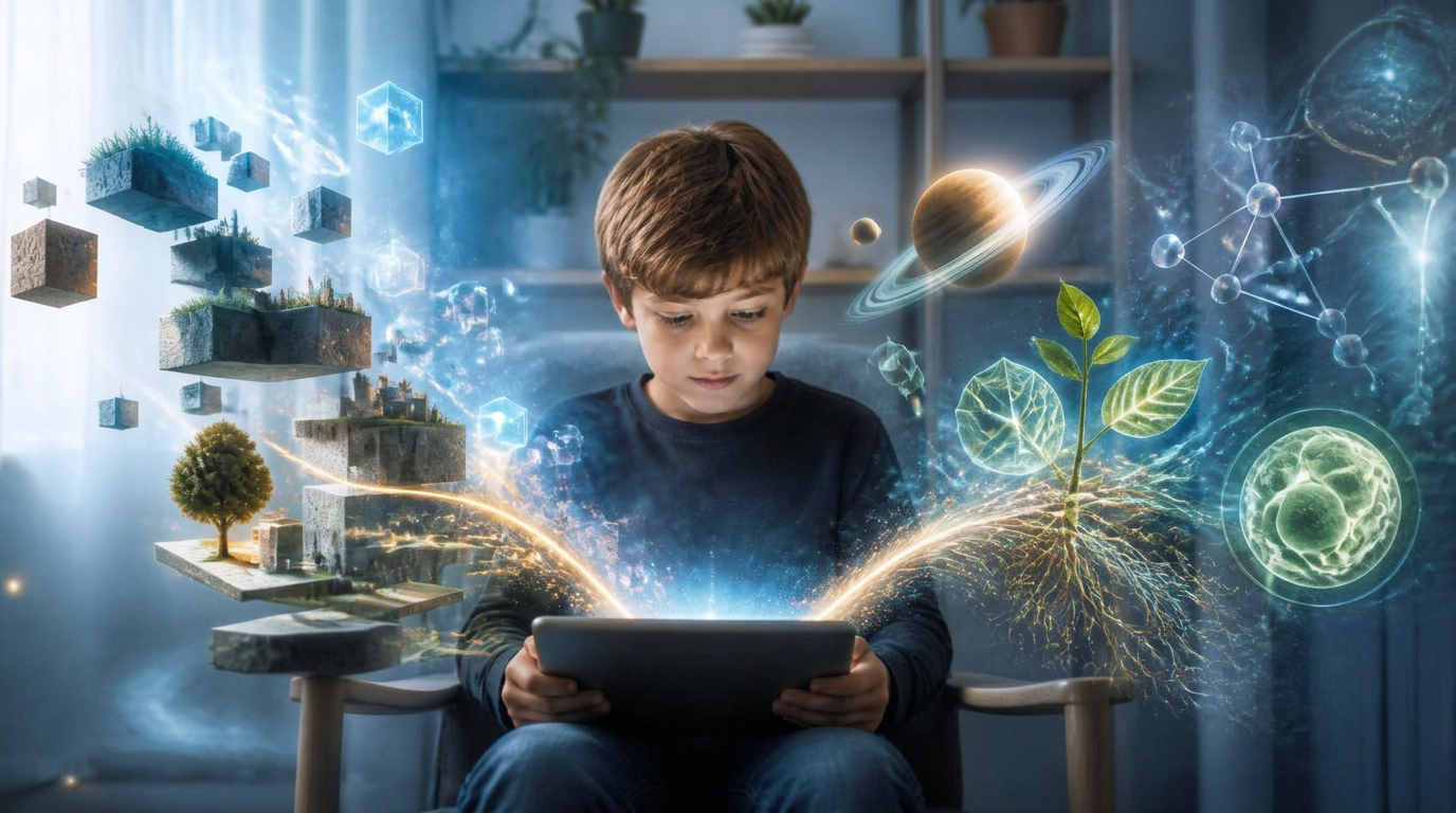 A child holding a tablet as two worlds materialise around them — playful constructed game-like terrain on one side, and glowing planets, plant roots, cells and molecular structures on the other