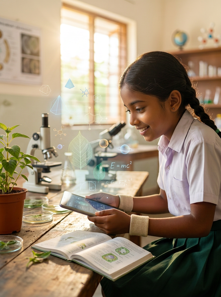 A young Indian girl in a sunlit classroom science lab, holding a tablet as glowing holographic leaves, molecules, planets and geometric forms rise around her